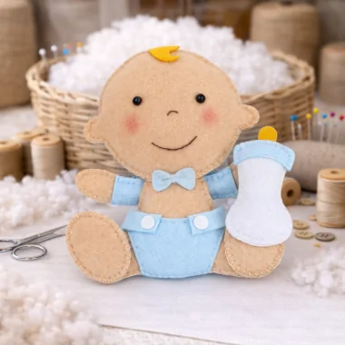 Baby met dun vilt flesje om in elkaar te zetten 2