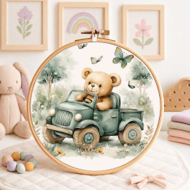 Geboortepaneel in dun vilt voor decoraties - teddybeer in de auto