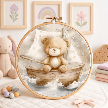 Geboortepaneel in dun vilt voor decoraties - teddybeer op de boot
