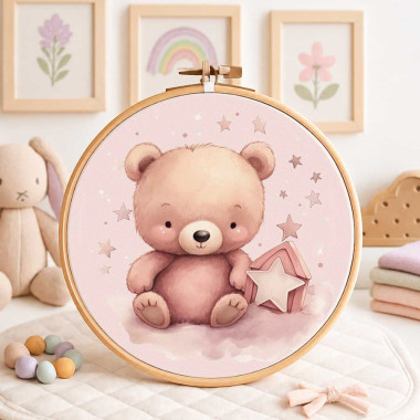 Panel de nacimiento en fieltro fino para decoraciones - oso de peluche con estrellas