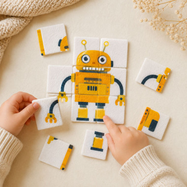 Geprint dun vilt puzzelset om uit te knippen - Robot 1