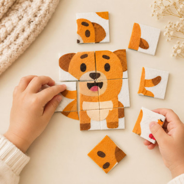 Geprint dun vilt puzzelset om uit te knippen - Klein hondje