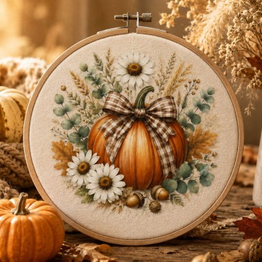 Herfstpaneel in dun vilt 2 afbeeldingen van 32 cm - pompoen en madeliefje - mod. 39