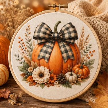 Autumn panel in soft craft felt 2 images of 32 cm - pumpkin and bow - mod. 40