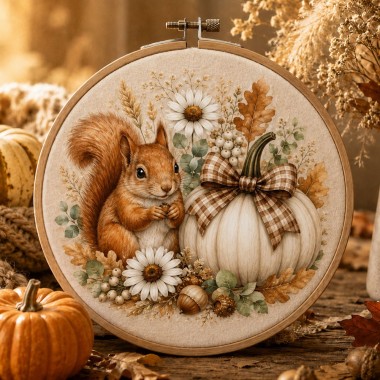 Herfstpaneel in dun vilt 2 afbeeldingen van 32 cm - eekhoorn en egel - mod. 42