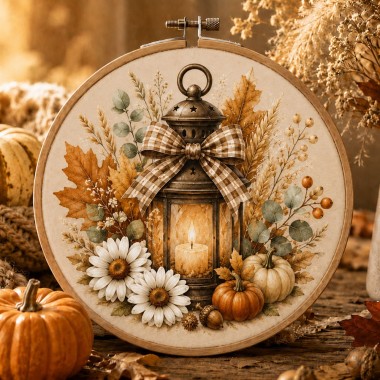 Herfstpaneel in dun vilt 2 afbeeldingen van 32 cm - lantaarn en bloemen - mod. 44