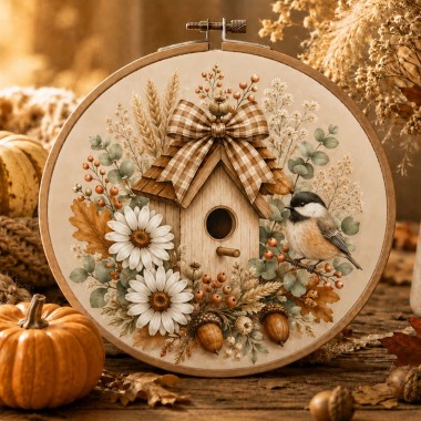 Herfstpaneel in dun vilt 2 afbeeldingen van 32 cm - huis en vogels - mod. 46