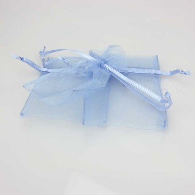 12 LIGHT BLUE ORGANZA BAGS WITH STRAP 7.5x10 cm