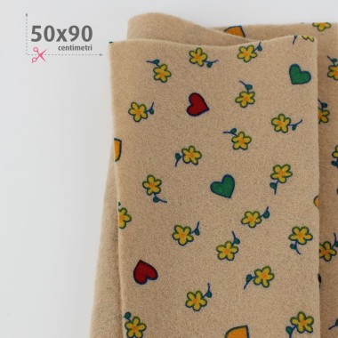 Soft Felt Printed 50X90 cm Flowers and Hearts - Beige