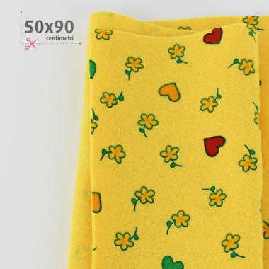 Soft Felt Printed 50X90 cm Flowers and Hearts - Yellow