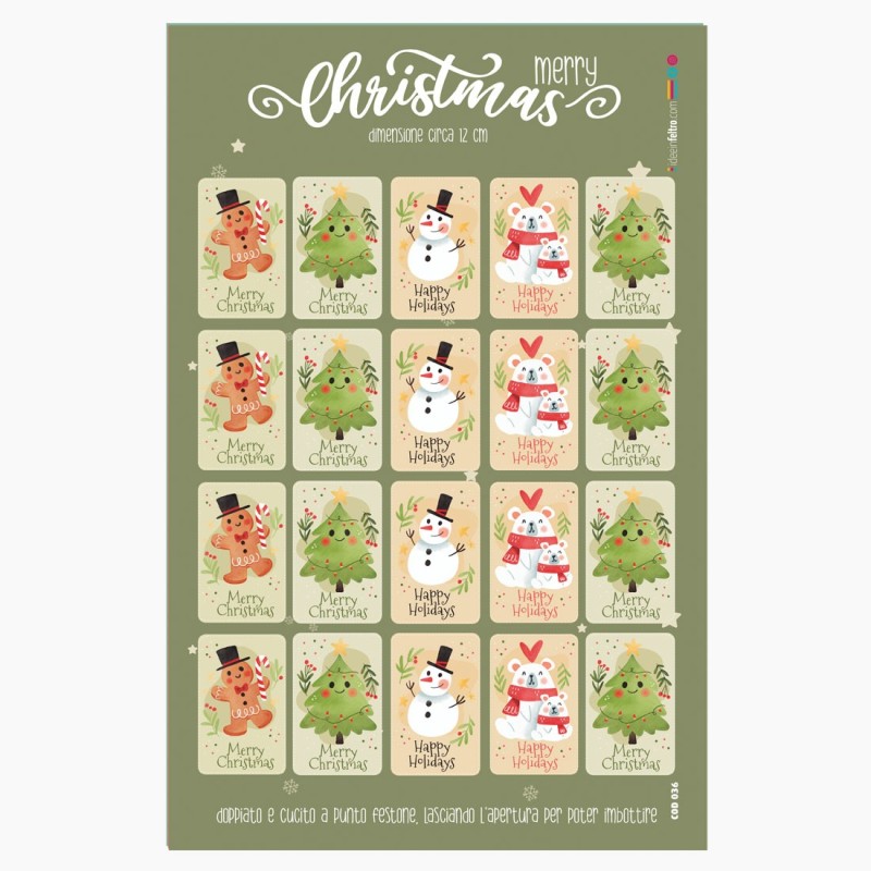 Etiquetas navideñas en tela de fieltro certificación "Happy Holidays" EN 71-3