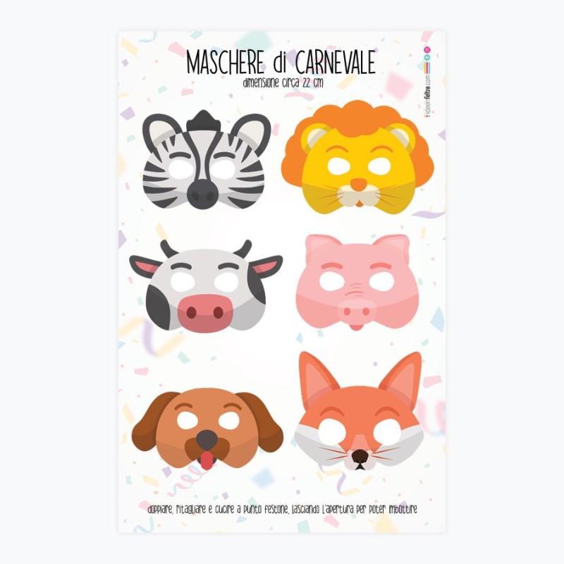 Panneau de masques de carnaval en feutrine ou tissu feutrine - Lot de 6 pièces Animaux mod.1