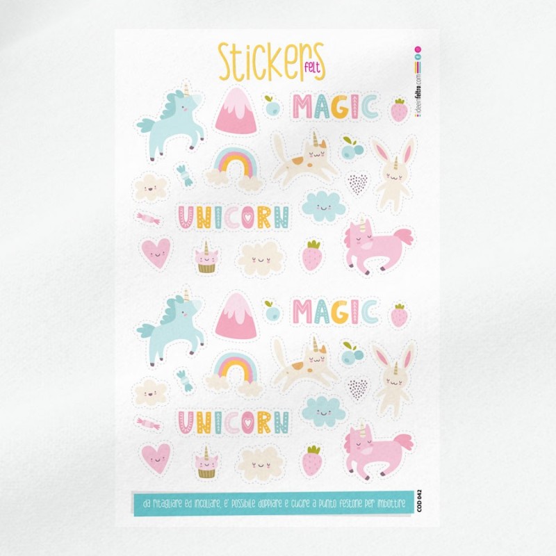 Pannello stickers in feltro o pannolenci - unicorni e decorazioni varie mod. 2|IDEEINFELTRO.COM