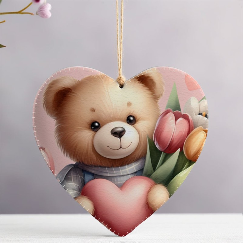 Hart met teddybeer en bloemen mod.2 om uit te knippen in Dun Vilt - Valentijnsdag Kit