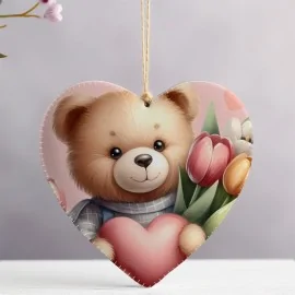 Coeur avec Ours en Peluche et Fleurs mod.2 à découper dans tissu feutre - Kit Saint Valentin