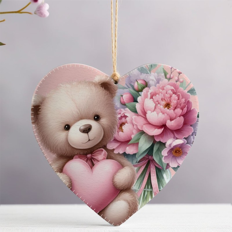 Hart met teddybeer en bloemen mod.2 om uit te knippen in Dun Vilt - Valentijnsdag Kit