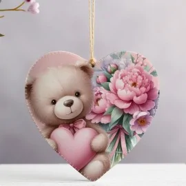 Coeur avec Ours en Peluche et Fleurs mod.2 à découper dans tissu feutre - Kit Saint Valentin