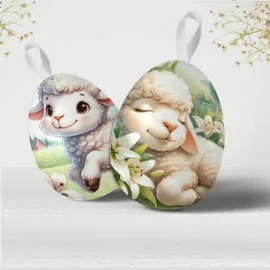 Panneau de Pâques en tissu feutre « Joyeuses Pâques » modèle 94 - Moutons et Fleurs|IDEEINFELTRO.COM