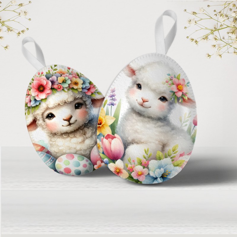 Panel de pascua en fieltro fino "felices pascuas" modelo 93 - ovejas y flores