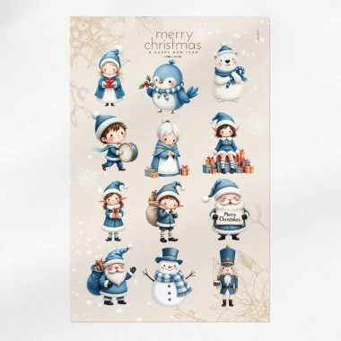 Kerstfiguren in dun vilt te knippen 45x70 cm code pr001 - winterkarakters in blauw