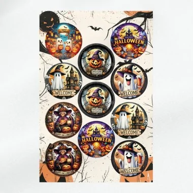 Panel de halloween "calabazas, brujas y fantasmas" en fieltro fino 11 imágenes de 15,5 cm - mod. 36