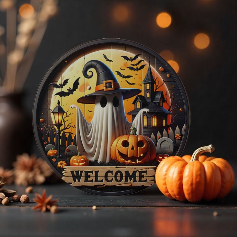 Panneau d’halloween « citrouilles et fantômes » en tissu feutrine 11 images de 15,5 cm - mod. 33