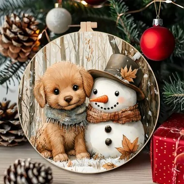 Dun vilt paneel hond met sneeuwpop ø 32 cm - code up063