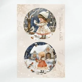 Panneau paysage enneigé et fille tissu feutrine ø 32 cm - code up072