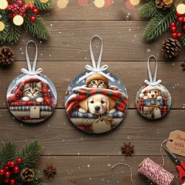 Boules de Noël en tissu feutre 20 pièces ø 10 cm - lapins et moutons - cod.175|IDEEINFELTRO.COM