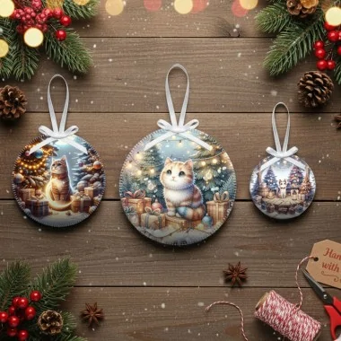 Boules de Noël en tissu feutre 10, 12 et 16 cm - paysage enneigé - cod.254|IDEEINFELTRO.COM