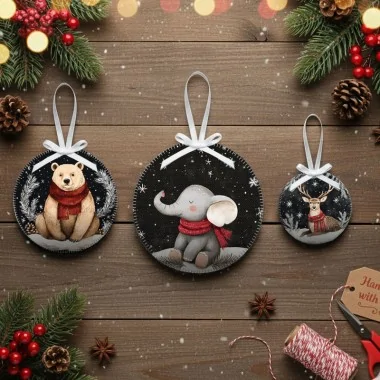 Boules de Noël en tissu feutre 20 pièces ø 10 cm - lapins et moutons - cod.175|IDEEINFELTRO.COM
