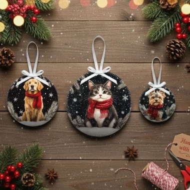 Boules de Noël en tissu feutre 20 pièces ø 10 cm - animaux de fête - cod.184|IDEEINFELTRO.COM
