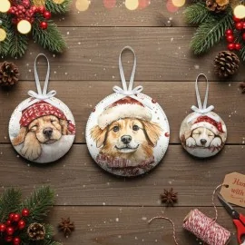 Boules de Noël en tissu feutre de 10, 12 et 16 cm - chien avec chapeau - cod.242|IDEEINFELTRO.COM