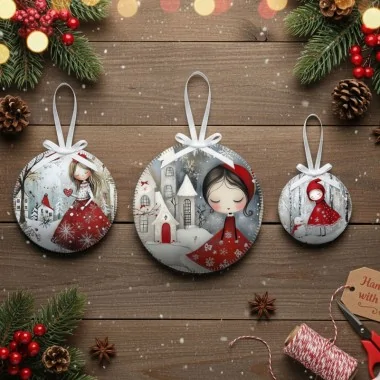 Boules de Noël en tissu feutre 20 pièces ø 10 cm - renards habillés en rouge - cod.178|IDEEINFELTRO.COM