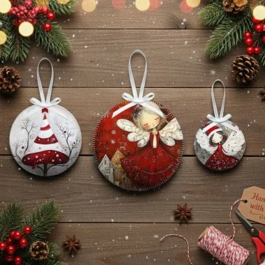 Bolas de Navidad en tela de fieltro 20 piezas ø 10 cm - animales festivos - cod.184|IDEEINFELTRO.COM